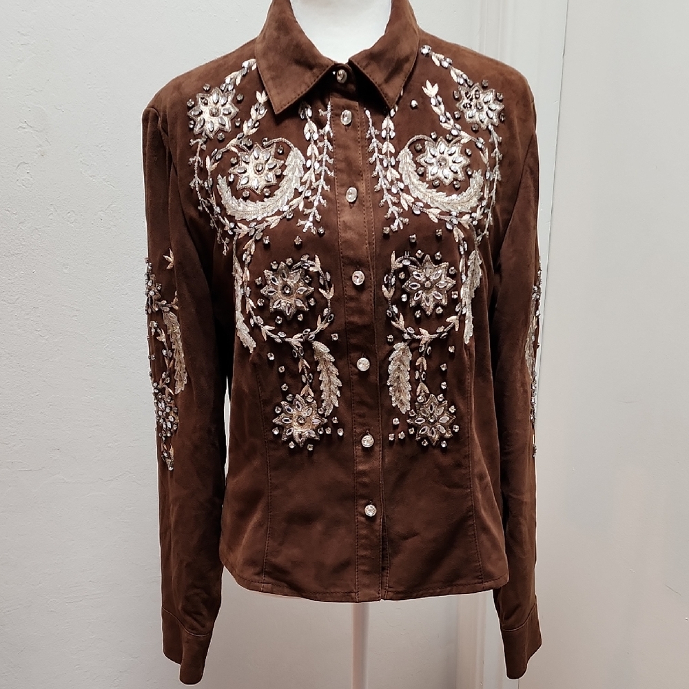Double D Ranch Leather Suede Embroidered Beaded Sequined Rhinestone Shacket S